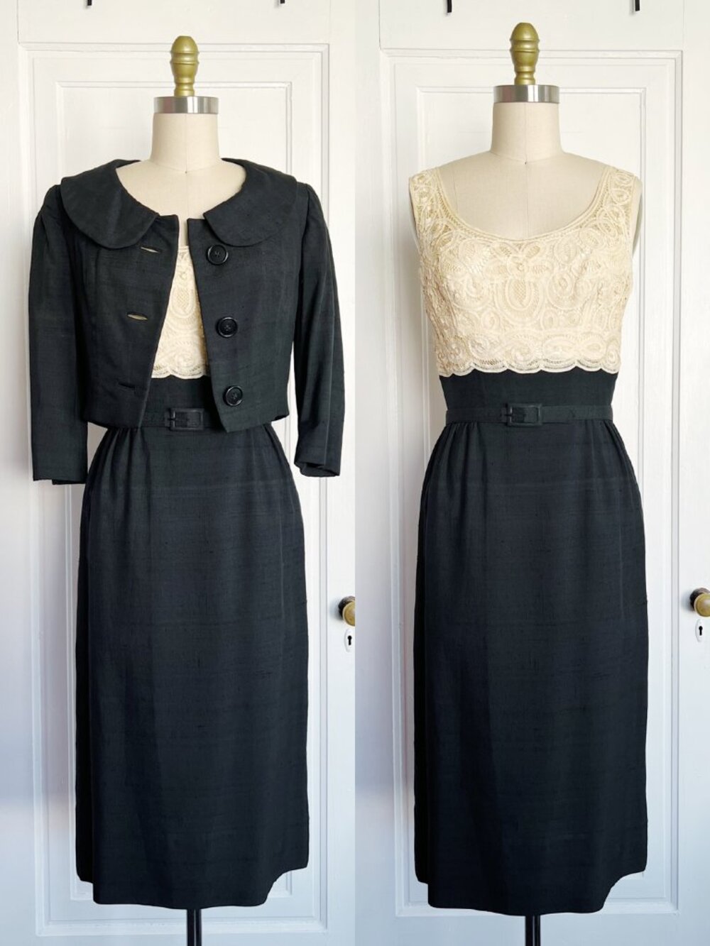 vintage • 1950s dress jacket set cream tape lace black silk wiggle fitted Parnet